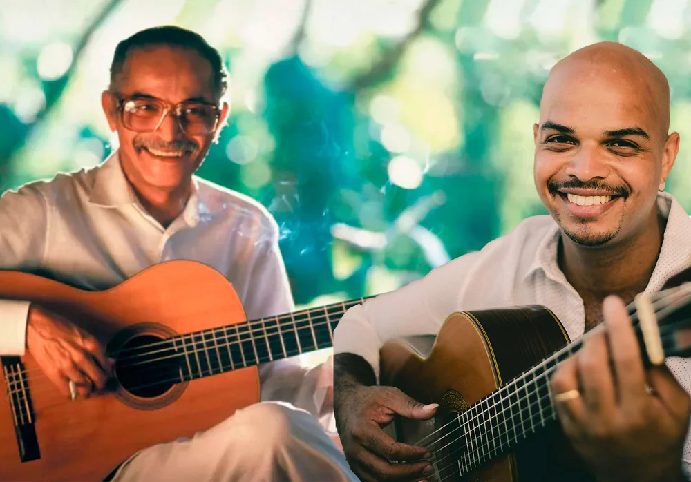 Baden Powell e Marcel Powell tocando violão juntos